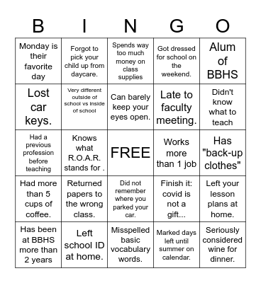 Tired Teacher Bingo Card