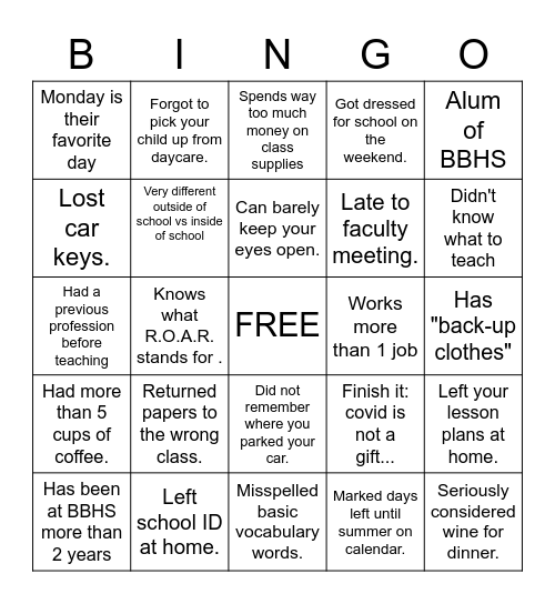 Tired Teacher Bingo Card