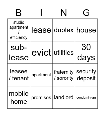 Apartment Vocabulary Bingo Card