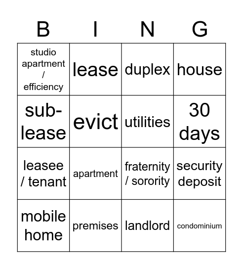 Apartment Vocabulary Bingo Card