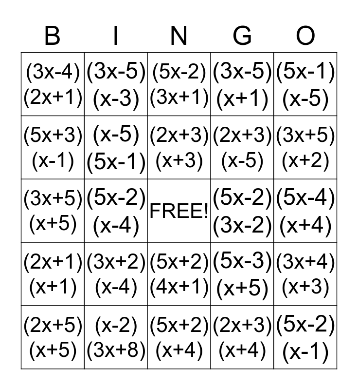 Factoring Bingo a > 1 Bingo Card