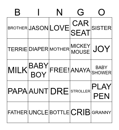 BABY SHOWER IN HONOR OF JAYSE STARKS Bingo Card