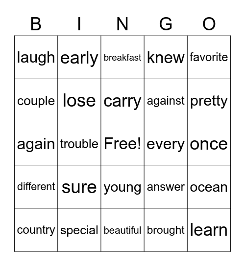 Trick Words Bingo Card