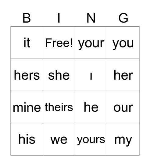 Pronouns Bingo Card