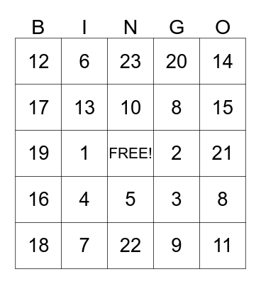 Family Fun Night Bingo Card