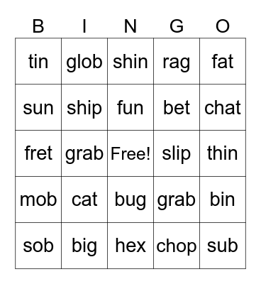 Short Vowel Sound Bingo Card
