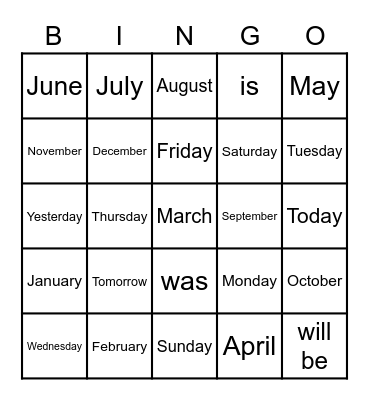 Months and Days Bingo Card