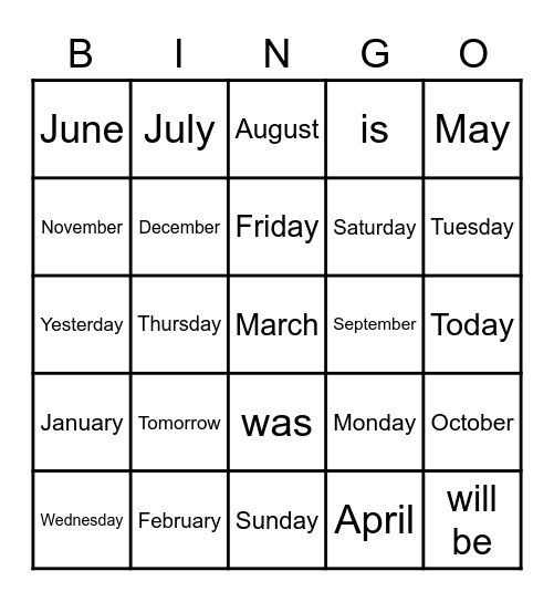 Months and Days Bingo Card