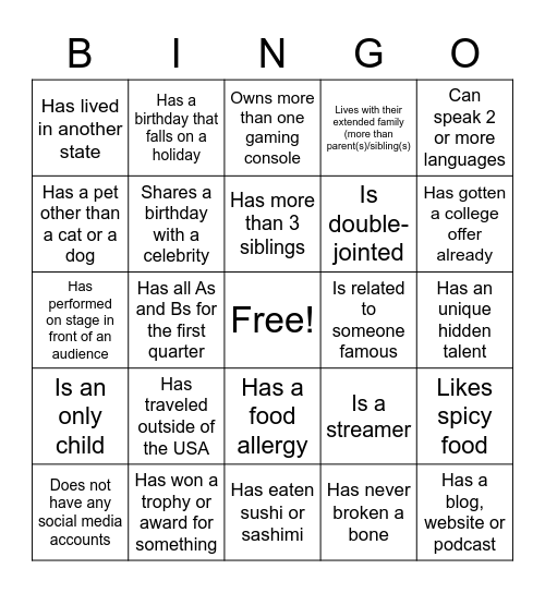 Diversity Bingo Card