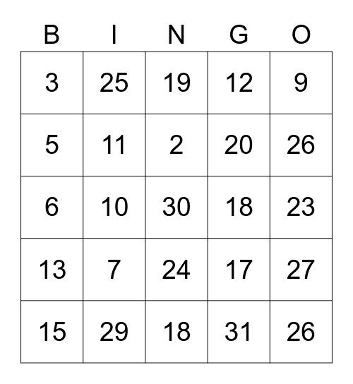 ordinal numbers Bingo Card