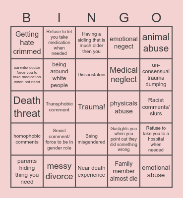 trauma Bingo Card