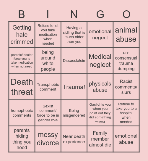 trauma Bingo Card