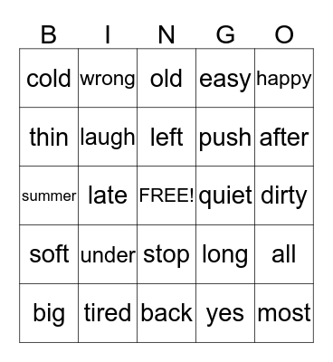 Name the Antonym Bingo Card