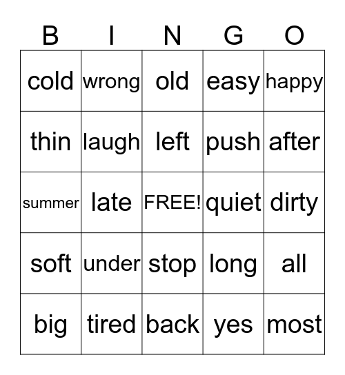 Name the Antonym Bingo Card