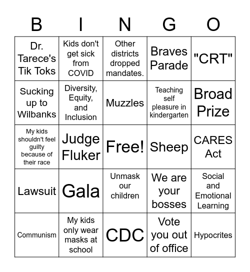 GCPS Board Meeting Bingo Card