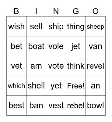 Minimal Pair Words Bingo Card