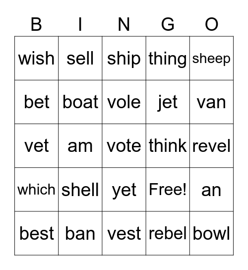 Minimal Pair Words Bingo Card