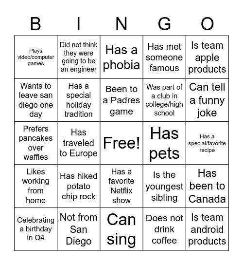 ENRG Team Building Bingo Card