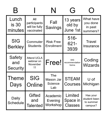 Call Time Bingo- SIG Bingo Card