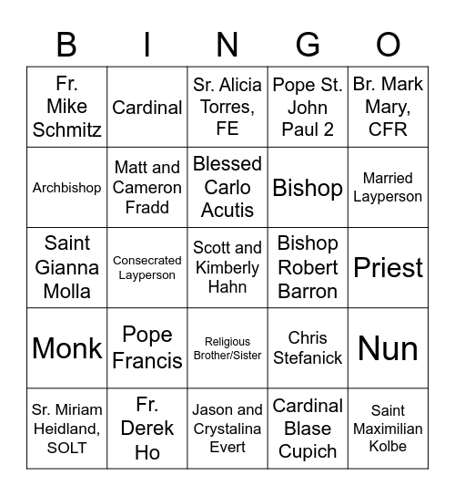Vocations Bingo Card