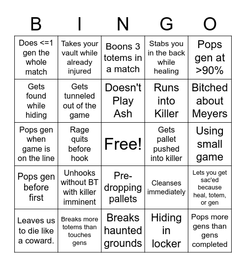 The AntiNull Sandbag Game Bingo Card