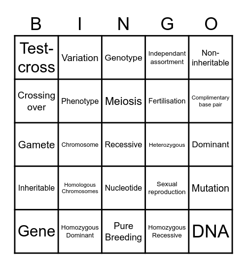 Genetics Definitions Bingo Card