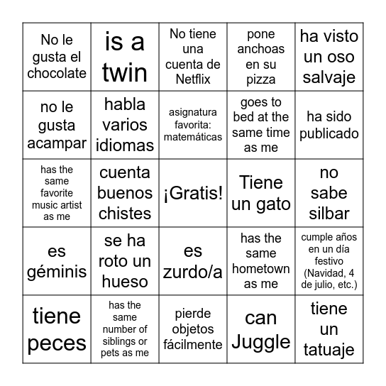 Bingo de personas Bingo Card