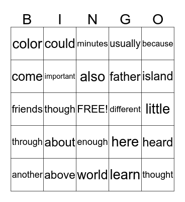 2nd Grade Sight Words Bingo Card