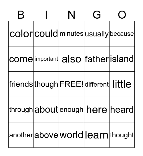 2nd Grade Sight Words Bingo Card