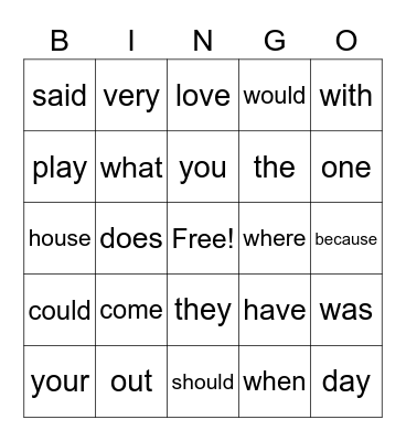 High Frequency Words Bingo Card