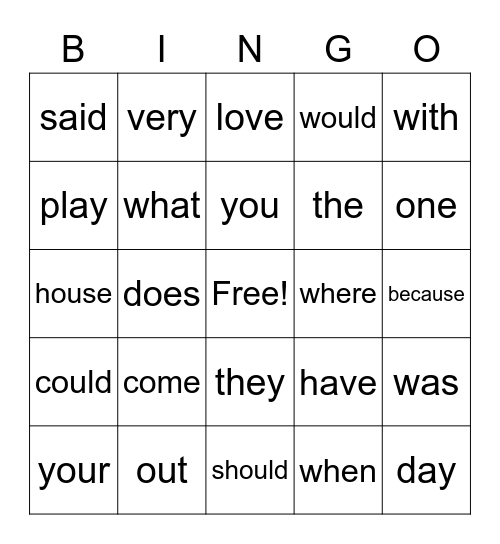 High Frequency Words Bingo Card