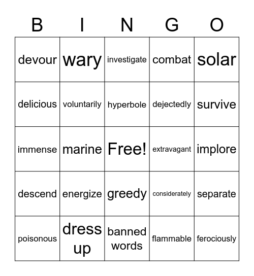Vocabulary Weeks 1-9 Bingo Card