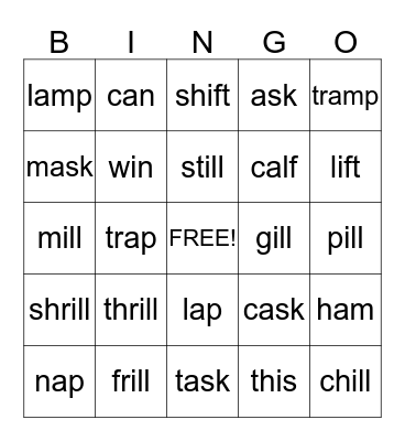 Short i, Short a Bingo Card