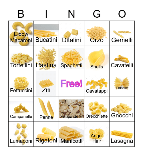 Pasta Bingo Card