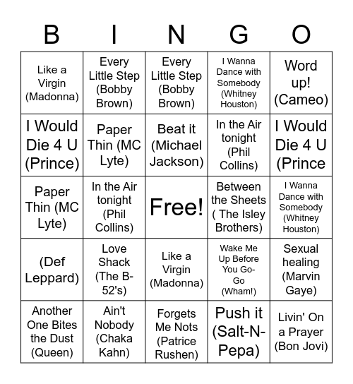 Poodles Unplugged Bingo Card