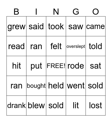 Past Tense Irregular Verbs Bingo Card