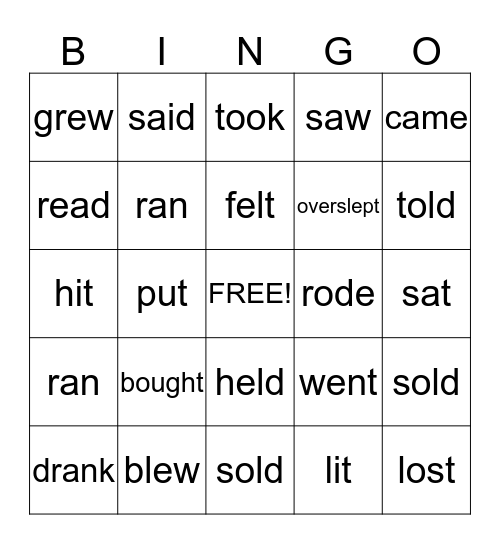 Past Tense Irregular Verbs Bingo Card