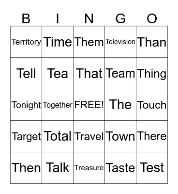 Word that begin with "T" Bingo Card