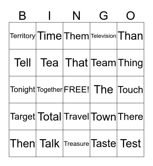 Word that begin with "T" Bingo Card