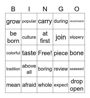 Lesson 8. Words Bingo Card