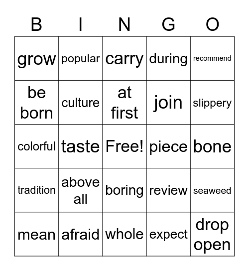 Lesson 8. Words Bingo Card