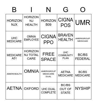 Health Insurance Bingo Card