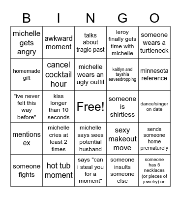 Bachelorette Episode 4 Bingo Card