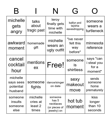 Bachelorette Episode 4 Bingo Card