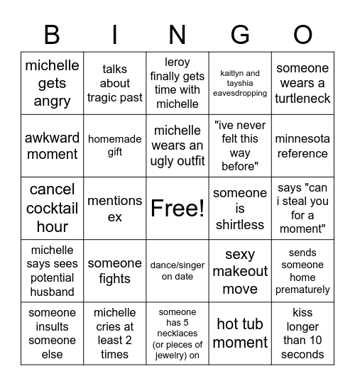 Bachelorette Episode 4 Bingo Card