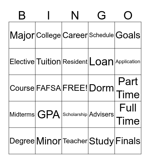 College Bingo Card