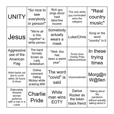 CMA* Bingo (*Clusterfuck Music Awards) Bingo Card