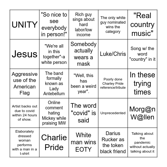 CMA* Bingo (*Clusterfuck Music Awards) Bingo Card