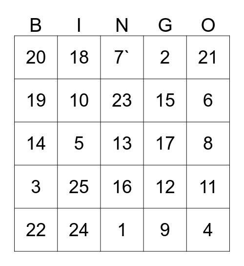 Back to Numbers Bingo Card