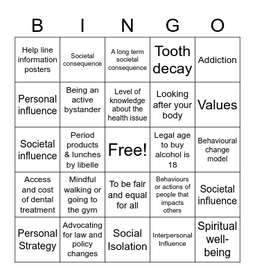 Health Concepts Bingo Card